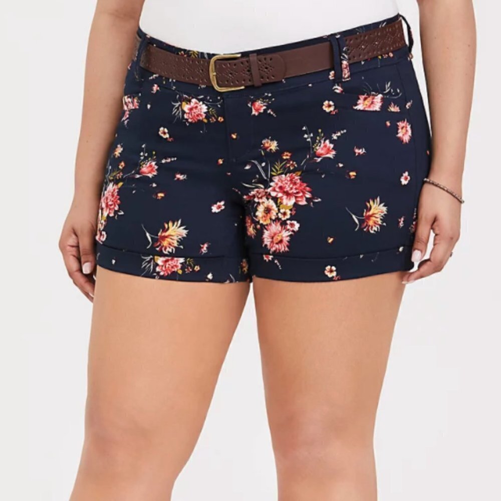 Torrid Sateen Navy Floral Button Fly Shorts